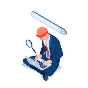 Isometric Businessman Using Search Engine Website for Information Illustrazione stock