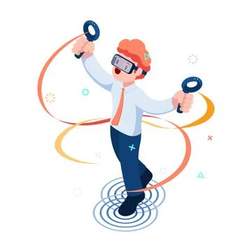 Isometric Businessman Using VR Headset and Enjoying Metaverse Virtual World Stock Illustration