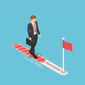 Isometric businessman walking on progress loading bar with flag target Stockillustratie