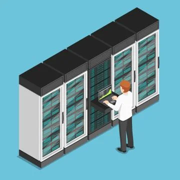Isometric businessman working on laptop in database center or server room Stock Illustration