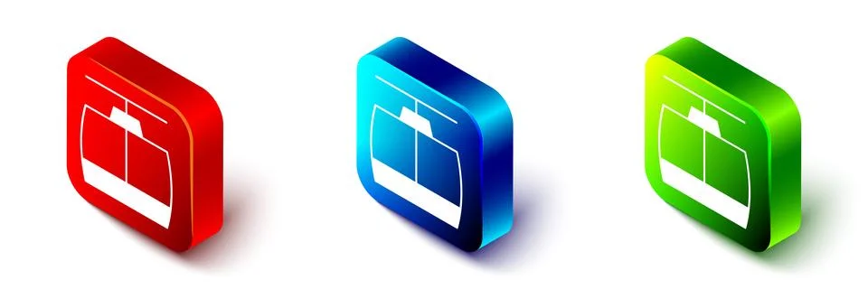 Isometric Cable car icon isolated on white background. Funicular sign. Red, blue Stock Illustration