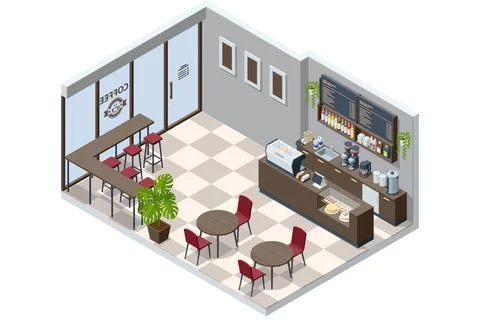 Isometric cafe interior with coffee bar, menu board, seating area, table and Illustrazione stock