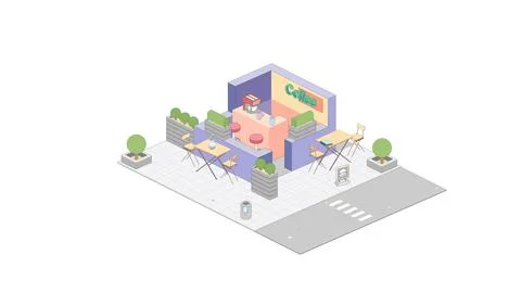 Isometric cafe on white background. Coffee shop building in isometric projection 스톡 일러스트