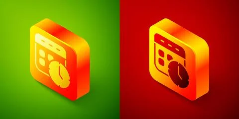 Isometric Calendar and clock icon isolated on green and red background. Sch.. Illustrazione stock
