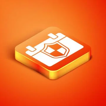 Isometric Calendar with shield icon isolated on orange background. Insuranc.. Stock Illustration
