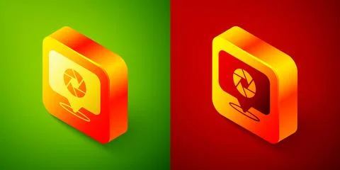 Isometric Camera shutter icon isolated on green and red background. Square Illustrazione stock