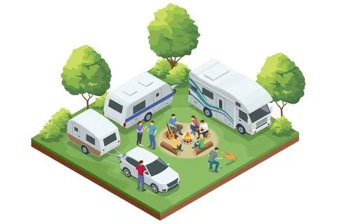 Isometric camping area with multiple RVs and caravans, people relaxing around a Stock Illustration