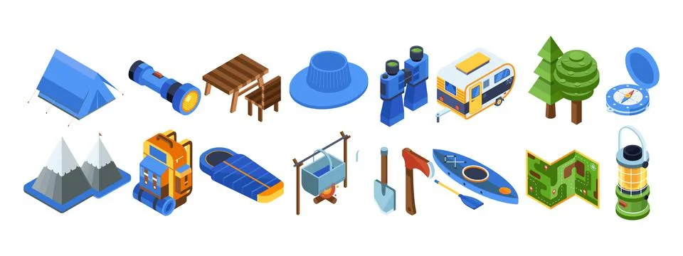 Isometric camping elements set Stock Illustration