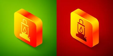 Isometric Camping lantern icon isolated on green and red background. Square.. Stock Illustration