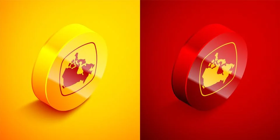 Isometric Canada map icon isolated on orange and red background. Circle button Stock Illustration