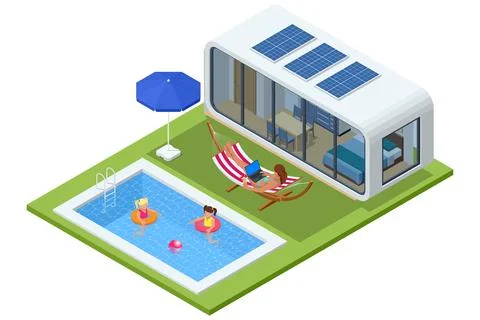 Isometric capsule house beside a pool with child, woman on hammock and laptop Stock Illustration