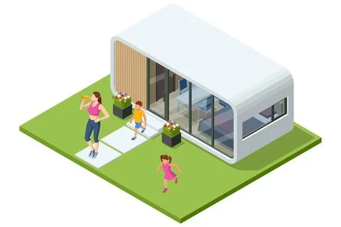 Isometric capsule house with mother drinking water and two active children on a Stock Illustration