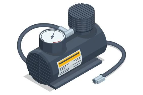 Isometric car air compressor with a pressure gauge and hose. This portable tool Stock Illustration