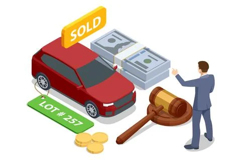 Isometric car auction scene with red vehicle, money stacks, and gavel. Online Stock Illustration