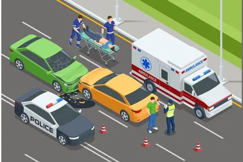 Isometric Car crash with two vehicles. Isometric vector scene of a road accident Stock Illustration