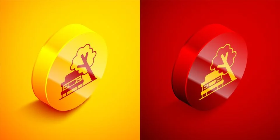 Isometric Car damaged by fallen tree icon isolated on orange and red background Stock Illustration