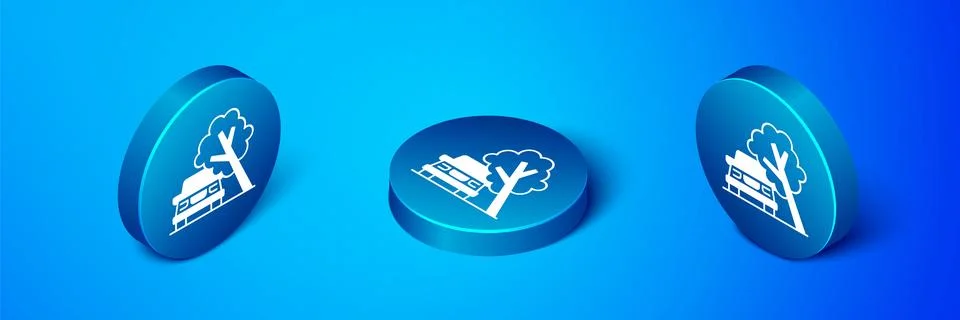 Isometric Car damaged by fallen tree icon isolated on blue background. Auto Stock Illustration