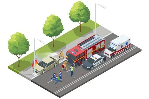 Isometric car fire emergency with fire ambulance and police Stock Illustration