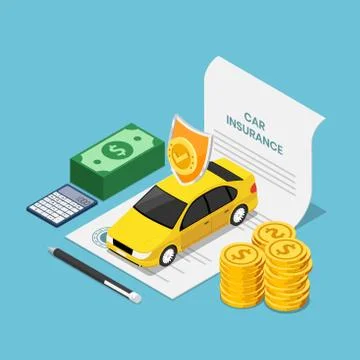 Isometric car on insurance contract document Stock Illustration