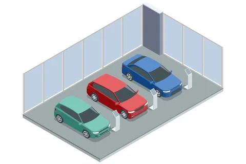 An isometric car showroom interior displaying three vehicles in green, red, and Stock Illustration