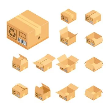 Isometric cardboard box set isolated on white background. Stock Illustration