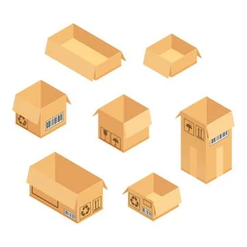 Isometric cardboard box set. Vector illustration isolated on white background Stock Illustration