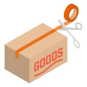 Isometric cardboard box with tape and scissors Stock Illustration