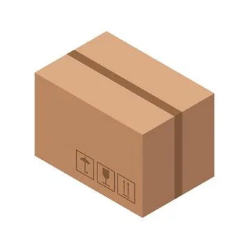 Isometric cardboard box vector icon with shipping symbols. Perfect for deli.. Stock Illustration