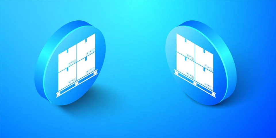 Isometric Cardboard boxes on pallet icon isolated on blue background. Closed Stock Illustration