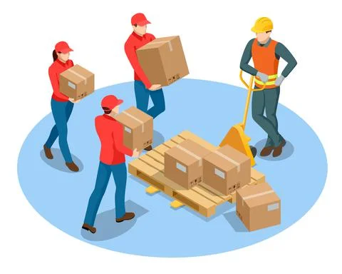 Isometric Cardboard boxes on trolley in warehouse. Man and woman workers working 스톡 일러스트