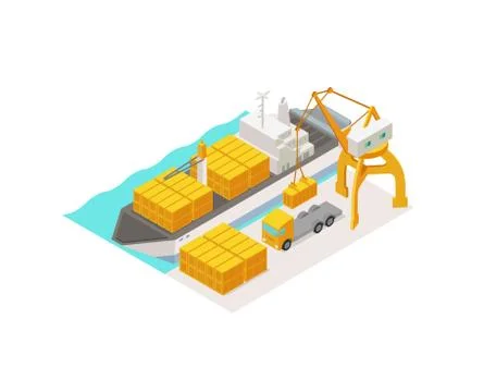 Isometric cargo harbor terminal. Barge container shipping by sea. Parcel Stock Illustration