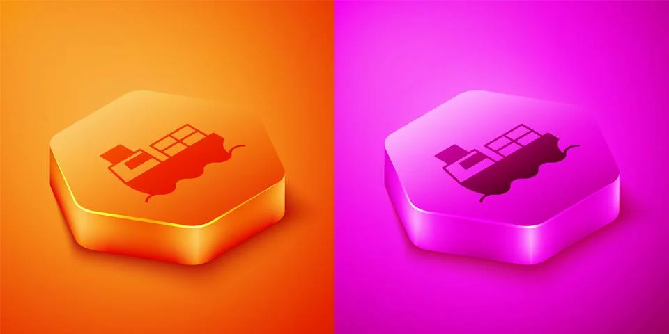 Isometric Cargo ship with boxes delivery service icon isolated on orange and Illustrazione stock