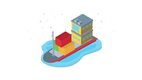 Isometric cargo ship carrying containers and buildings on water animation. Stock Footage 334531659