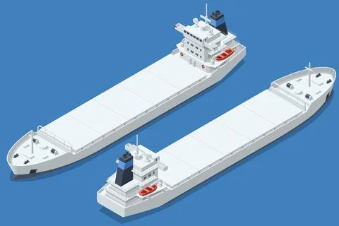 Isometric cargo ship shown from multiple angles on blue background. Empty Stock Illustration