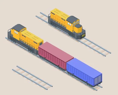 Isometric  cargo train with containers. Railroad elements. Front and back. 스톡 일러스트