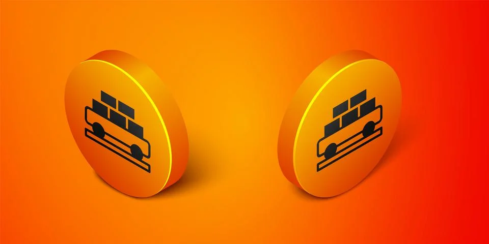 Isometric Cargo train wagon icon isolated on orange background. Full freight  Stock Illustration