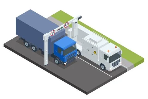 Isometric cargo vehicle is going through a mobile x-ray control. Mobile x-ray Stock Illustration
