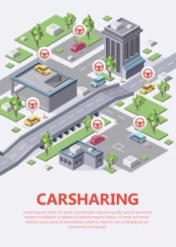 Isometric carsharing map vector illustration 3d of car sharing or carpool Stock-Illustration
