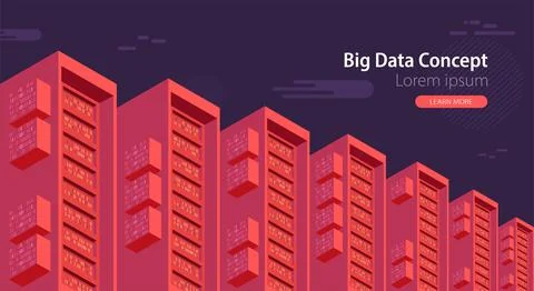 Isometric cartoon technology background. Big data concept. Binary computer co Stock Illustration