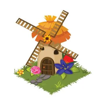 Isometric Cartoon Village Grinder Mill with Flowers - Tileset Map Element, Game Stock Illustration