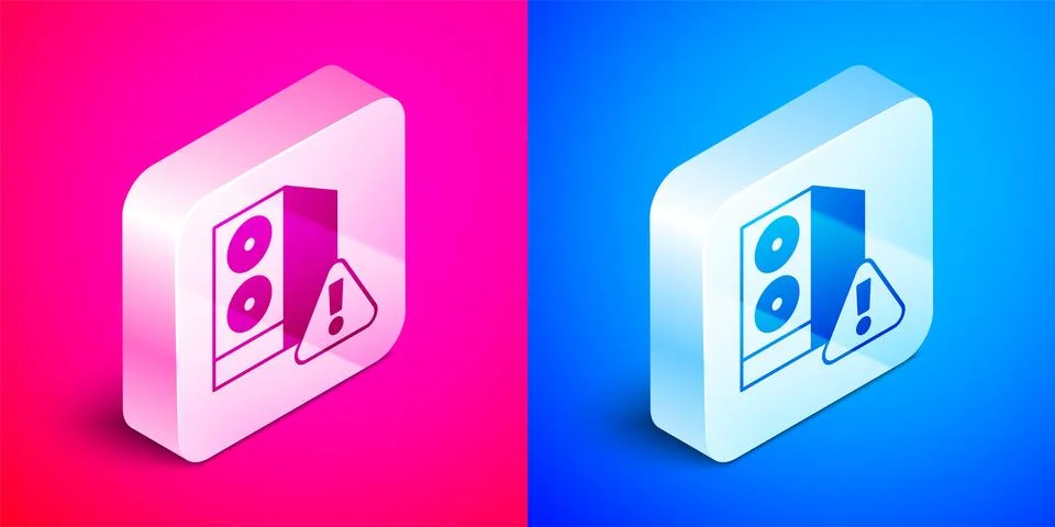 Isometric Case of computer with exclamation mark icon isolated on pink and .. Stock Illustration