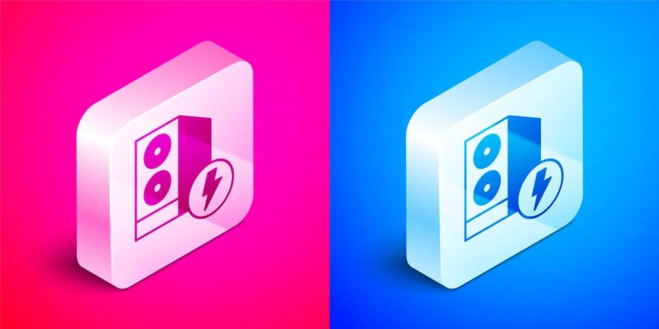 Isometric Case of computer icon isolated on pink and blue background. Computer 스톡 일러스트