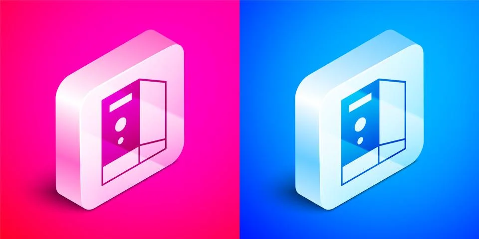 Isometric Case of computer icon isolated on pink and blue background. Computer Illustrazione stock