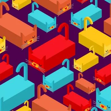 Isometric Cat pattern seamless. Geometric pet background. 3D Animal texture Illustrazione stock