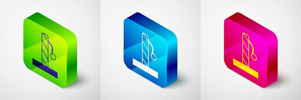 Isometric Cat scratching post with toy icon isolated on grey background. Square Stock Illustration