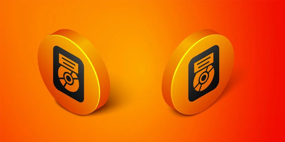 Isometric CD disk award in frame icon isolated on orange background. Modern Illustrazione stock