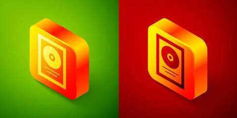 Isometric CD disk award in frame icon isolated on green and red background... Illustrazione stock