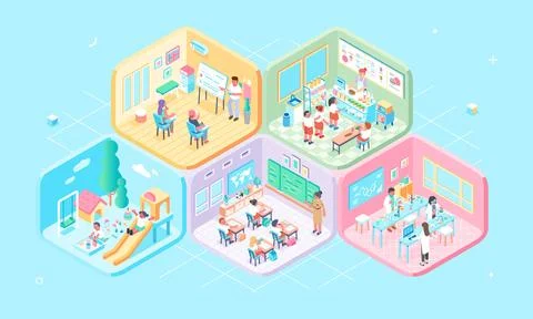Isometric cells educational activity classrooms kindergartens elementary school Stock Illustration