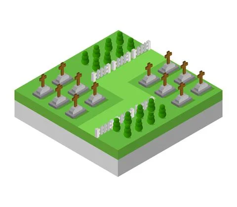Isometric cemetery in vector on a white background Stock Illustration
