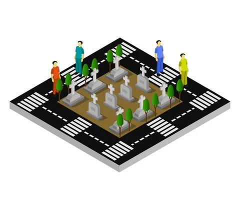 Isometric cemetery in vector on a white background Stock Illustration